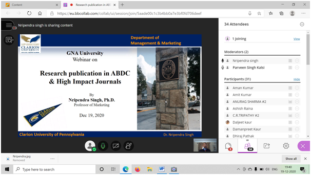 Virtual Webinar on Research publication in ABDC & High Impact Journals at GNA University